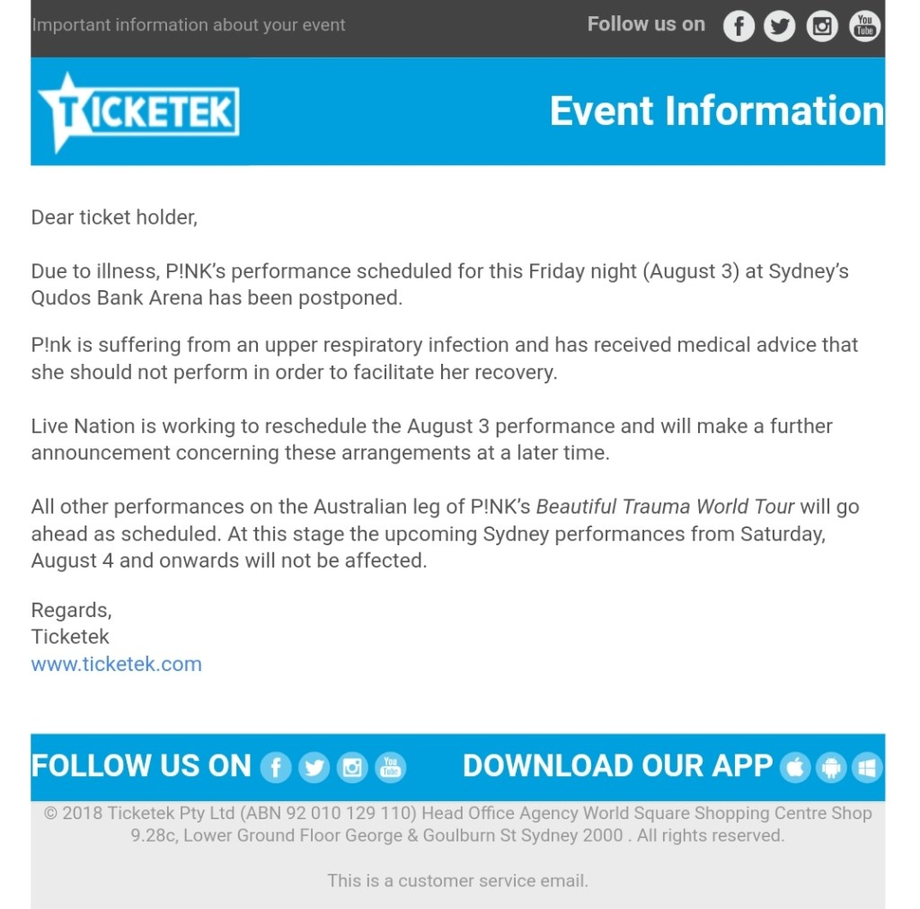 P!NK SYDNEY CONCERTS&nbsp;POSTPONED